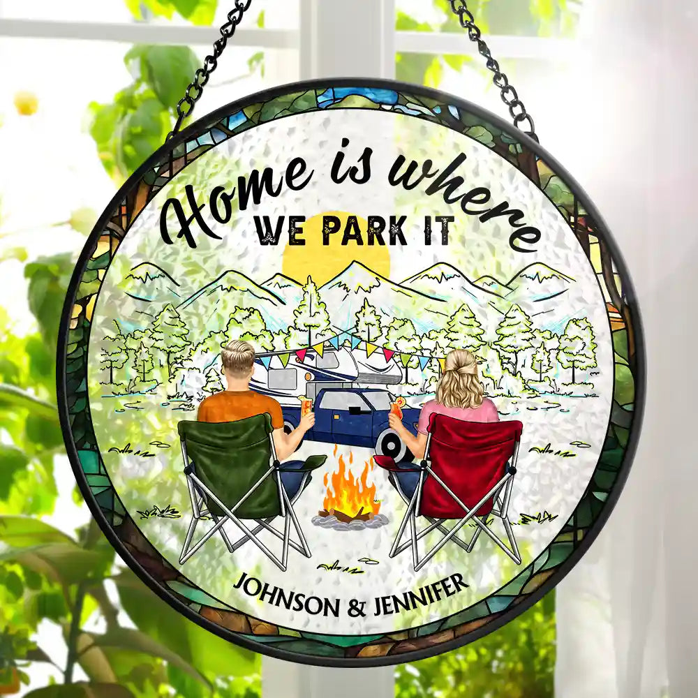 Personalized Glass Suncatcher Ornament Home Is Where We Park It Camping Scene, Unique Gift for Couples