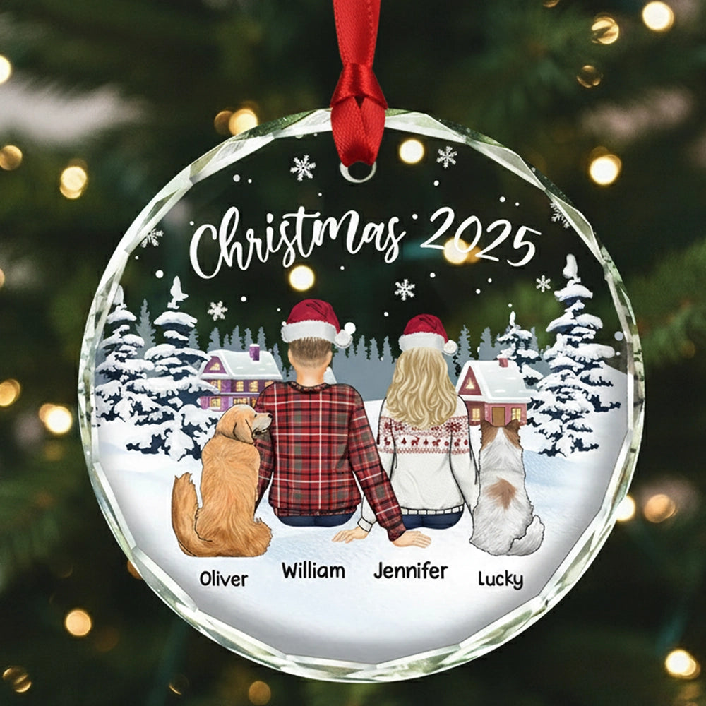 Crystal Ornament with cozy snowy village scene, customizable couple & pets design, perfect Christmas gift