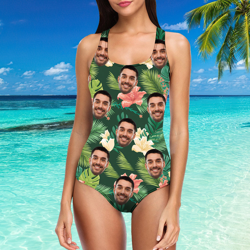 Custom Face Swimsuit Tropical Style - Personalized Couple One Piece Swimwear