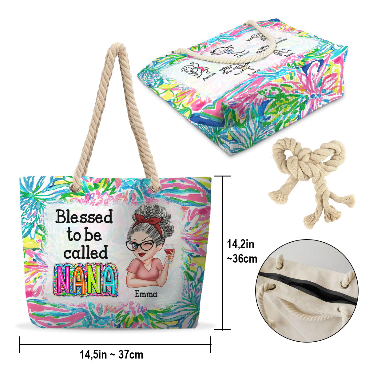 Grandma Nana Gigi Scribble Doodle Grandkid - Personalized Grandma Beach Bag