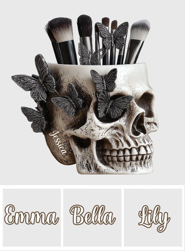 Butterfly Skull - Personalized Skull Wooden Pen Holder