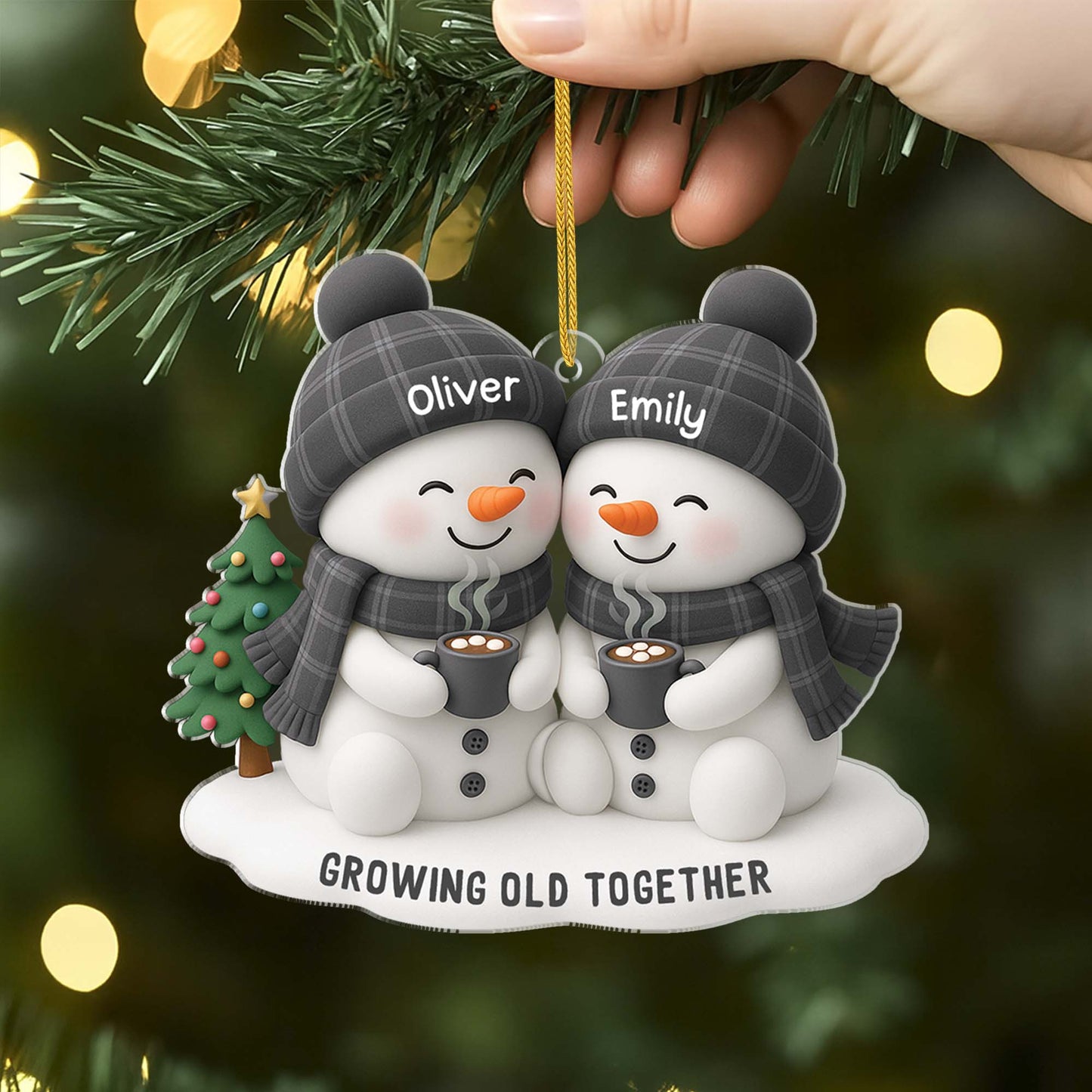 Acrylic Ornament Snowman Couple, hugging with hot cocoa for Christmas Tree, Growing Old Together unique gift for couples