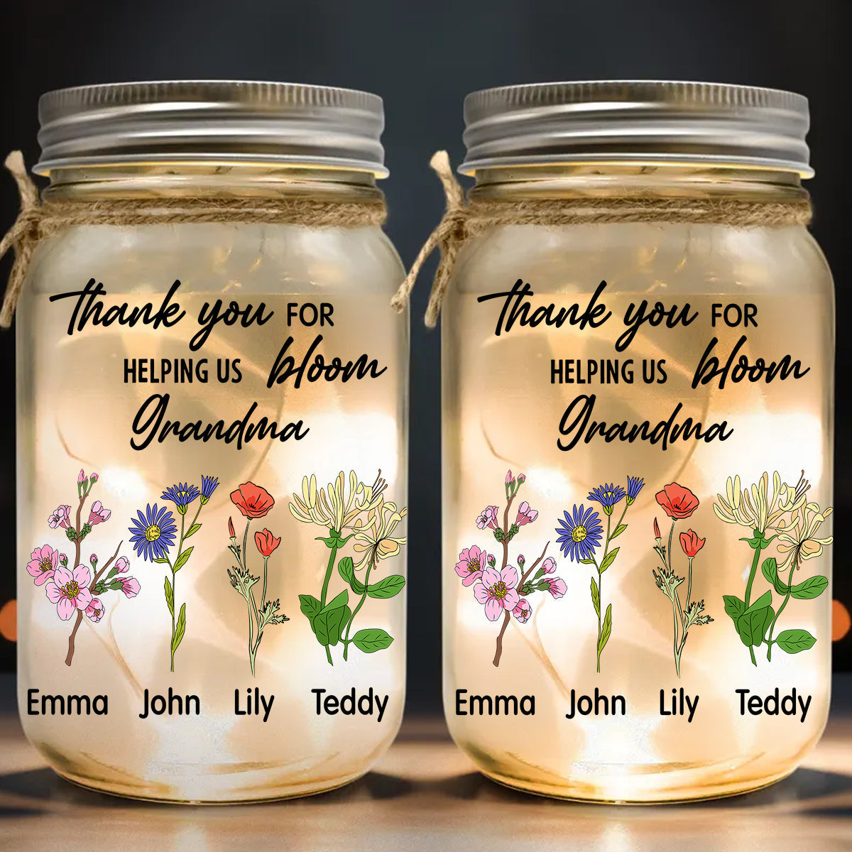 Thank You For Helping Us Bloom - Personalized Grandma Mason Jar Light