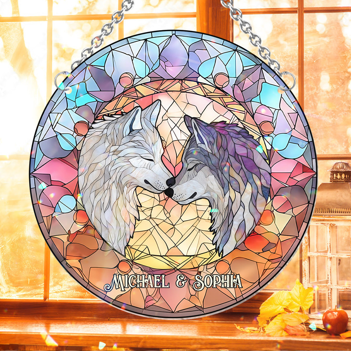 Soulmates Wolves - Personalized Wolf Window Hanging Suncatcher Ornament