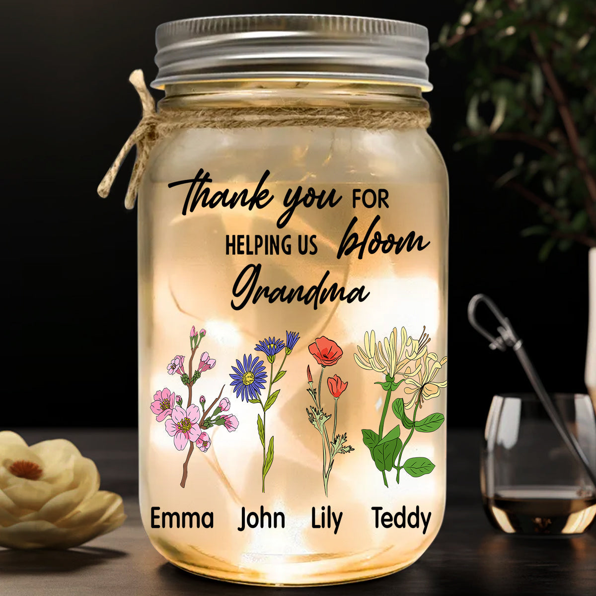 Thank You For Helping Us Bloom - Personalized Grandma Mason Jar Light