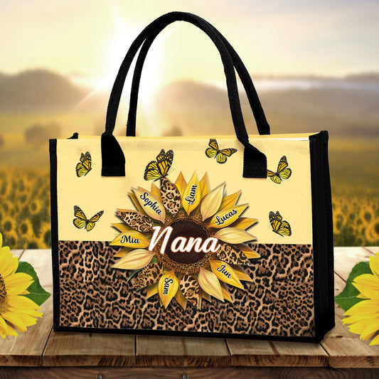 Nana Mom Auntie Family Sunflower Butterflies - Personalized Grandma Canvas Tote Bag