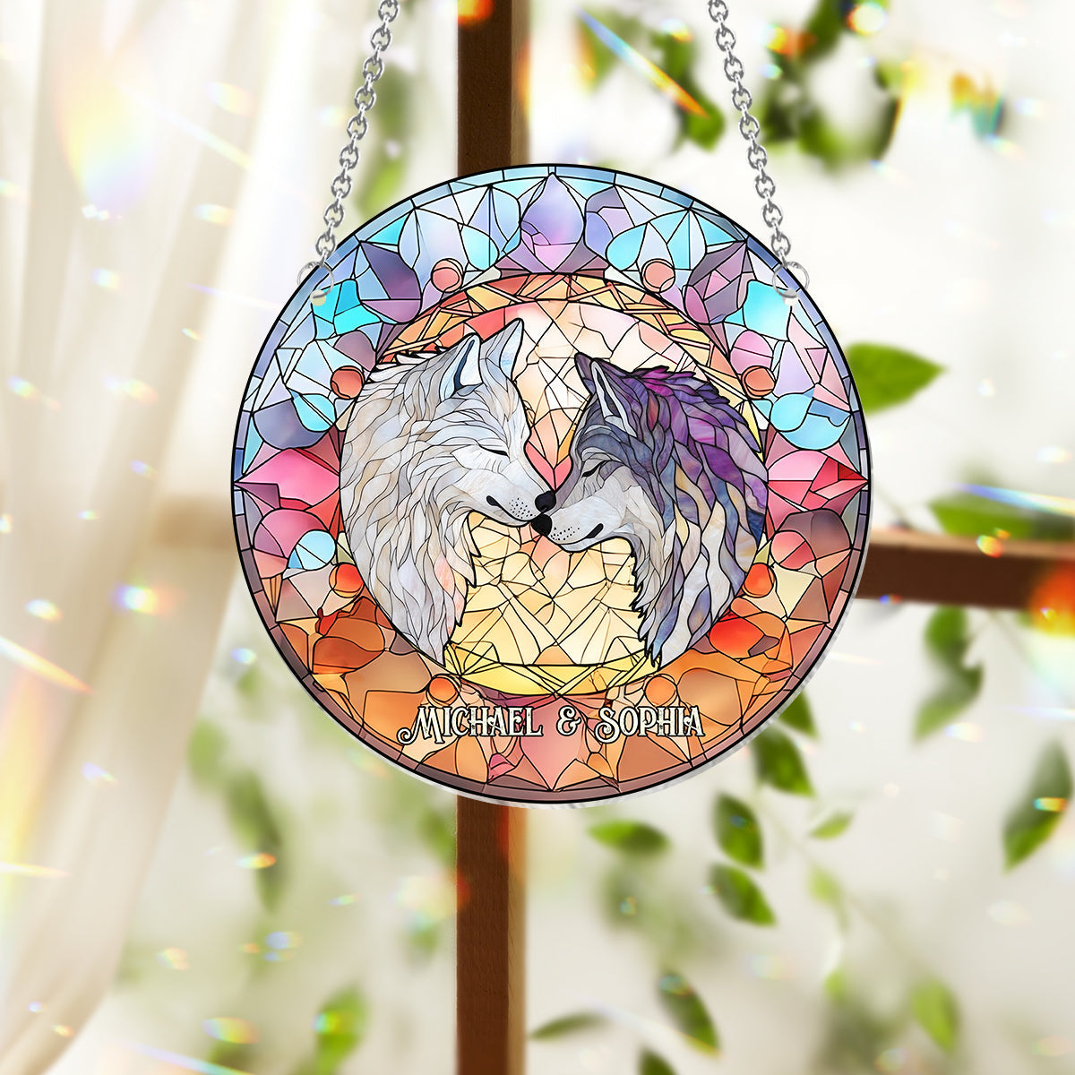 Soulmates Wolves - Personalized Wolf Window Hanging Suncatcher Ornament
