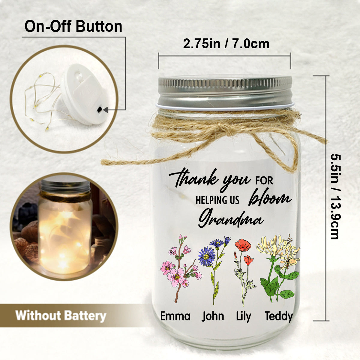 Thank You For Helping Us Bloom - Personalized Grandma Mason Jar Light