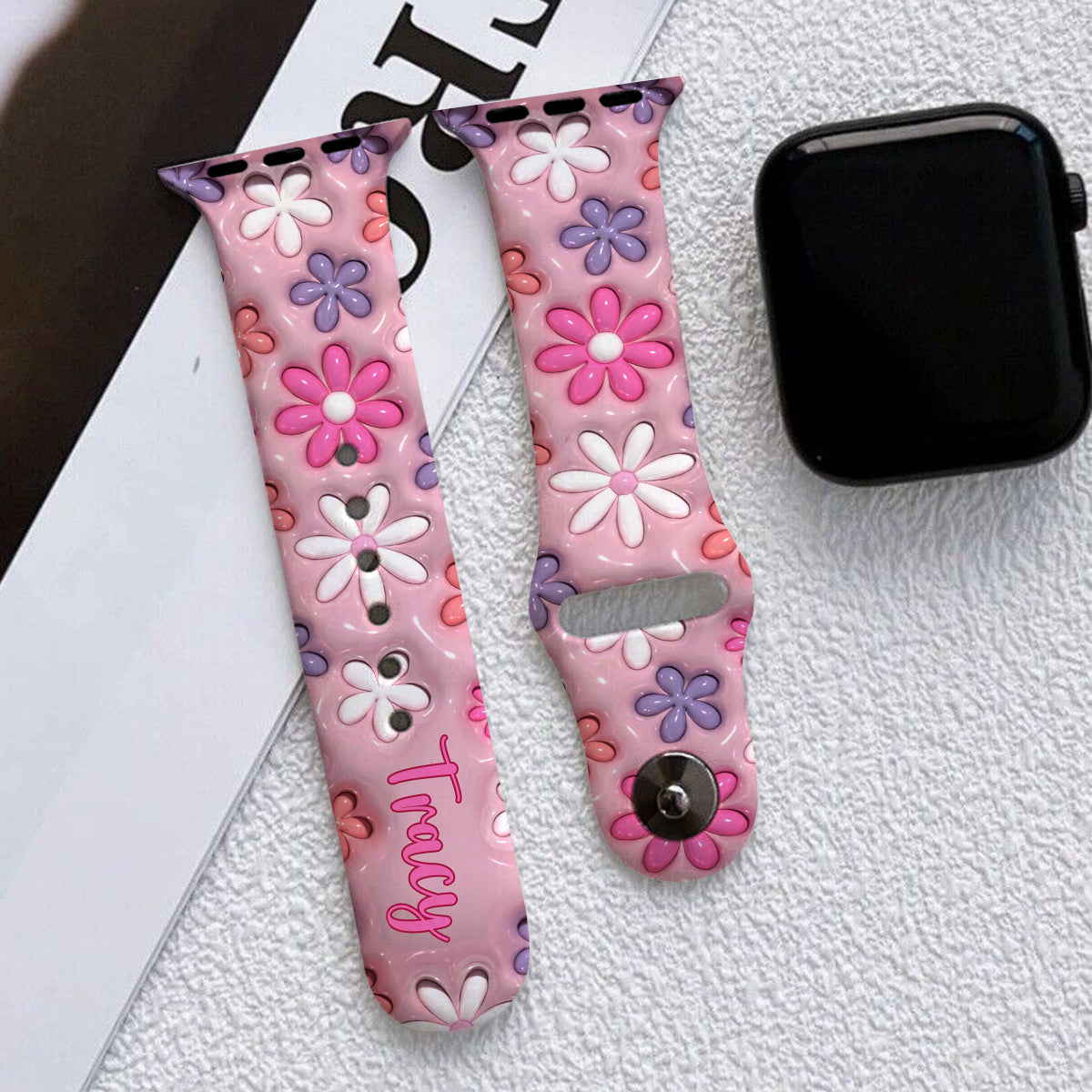 Puffy Pink Floral Apple Watch Band - Personalized Apple Watch Band