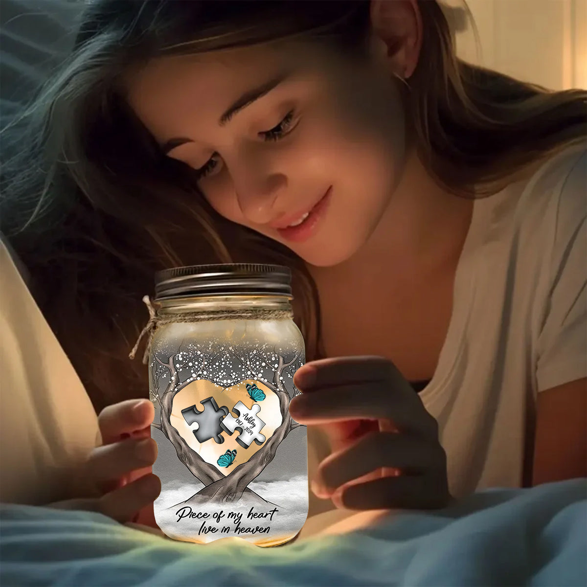 Memorial Butterfly Dragonfly Heaven Feather - Personalized Memorial Mason Jar Light