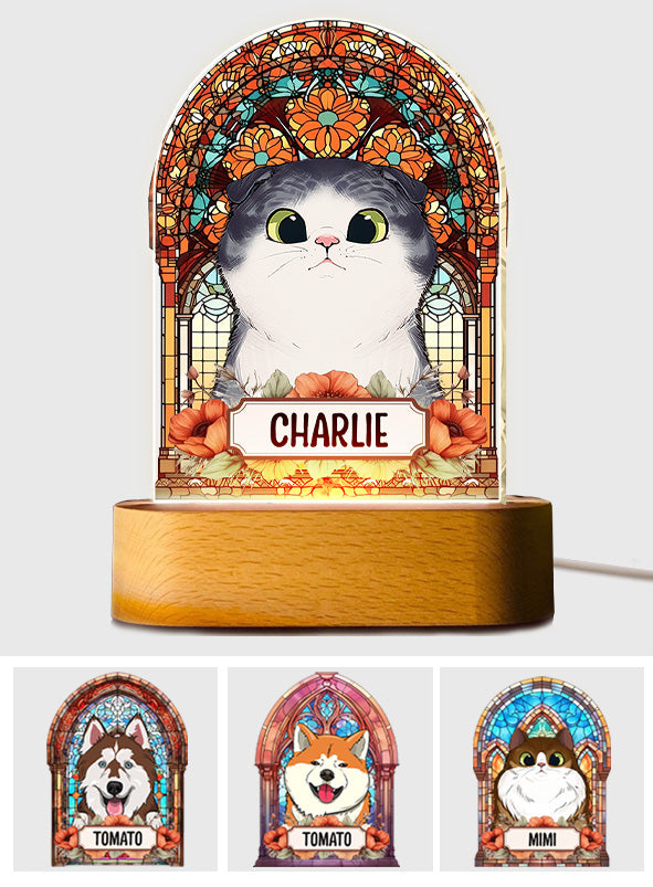 Pet With Stained Glass - Personalized Dog Shaped Plaque Light Base
