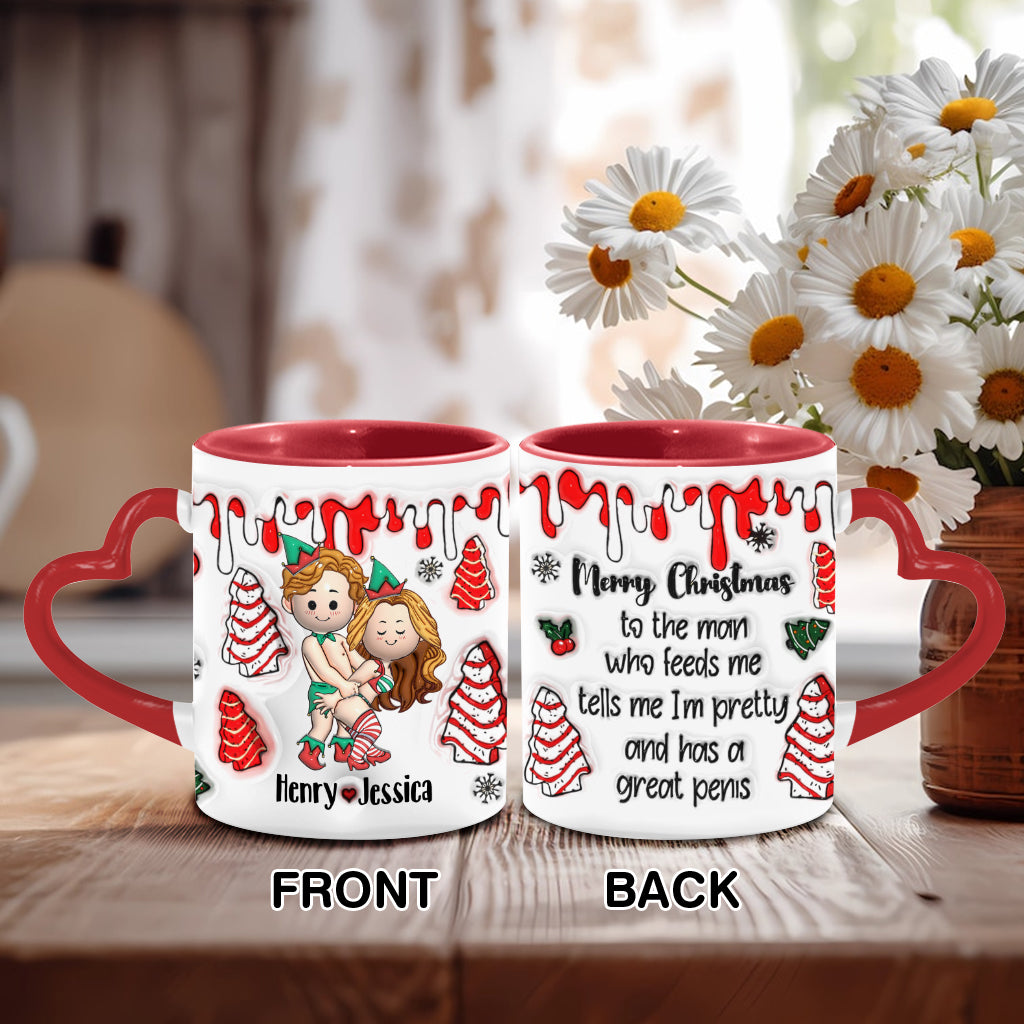 To The Man Who Feeds Me, Tells Me Pretty, And Has A Big Cock - Personalized Couple Heart Handle Mug