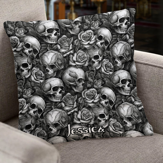 Skull Roses Black And White - Personalized Skull Throw Pillow