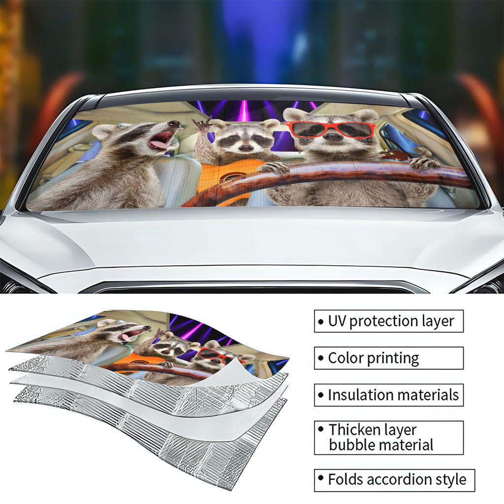 Three Funny Raccoons Animals Windshield - Personalized Raccoon Car Sunshade