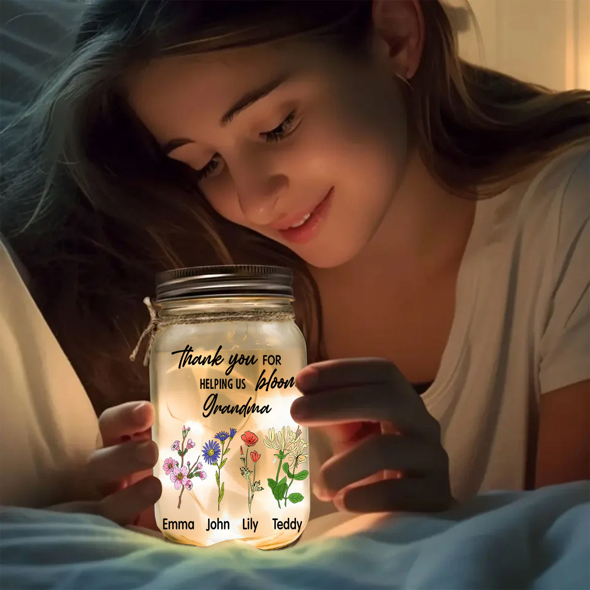 Thank You For Helping Us Bloom - Personalized Grandma Mason Jar Light