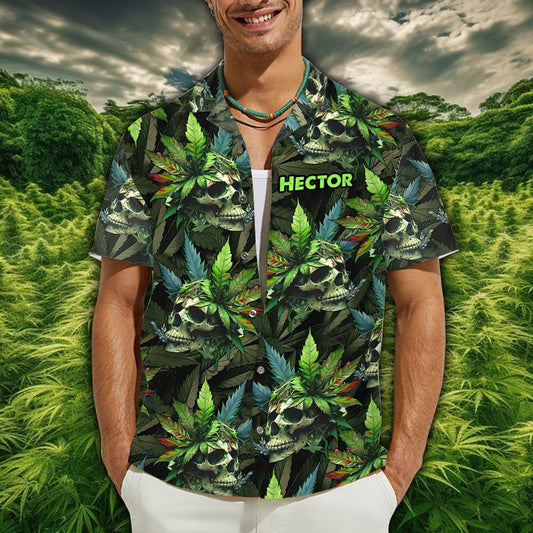 Skull Green Leaf - Personalized Weed Hawaiian Shirt
