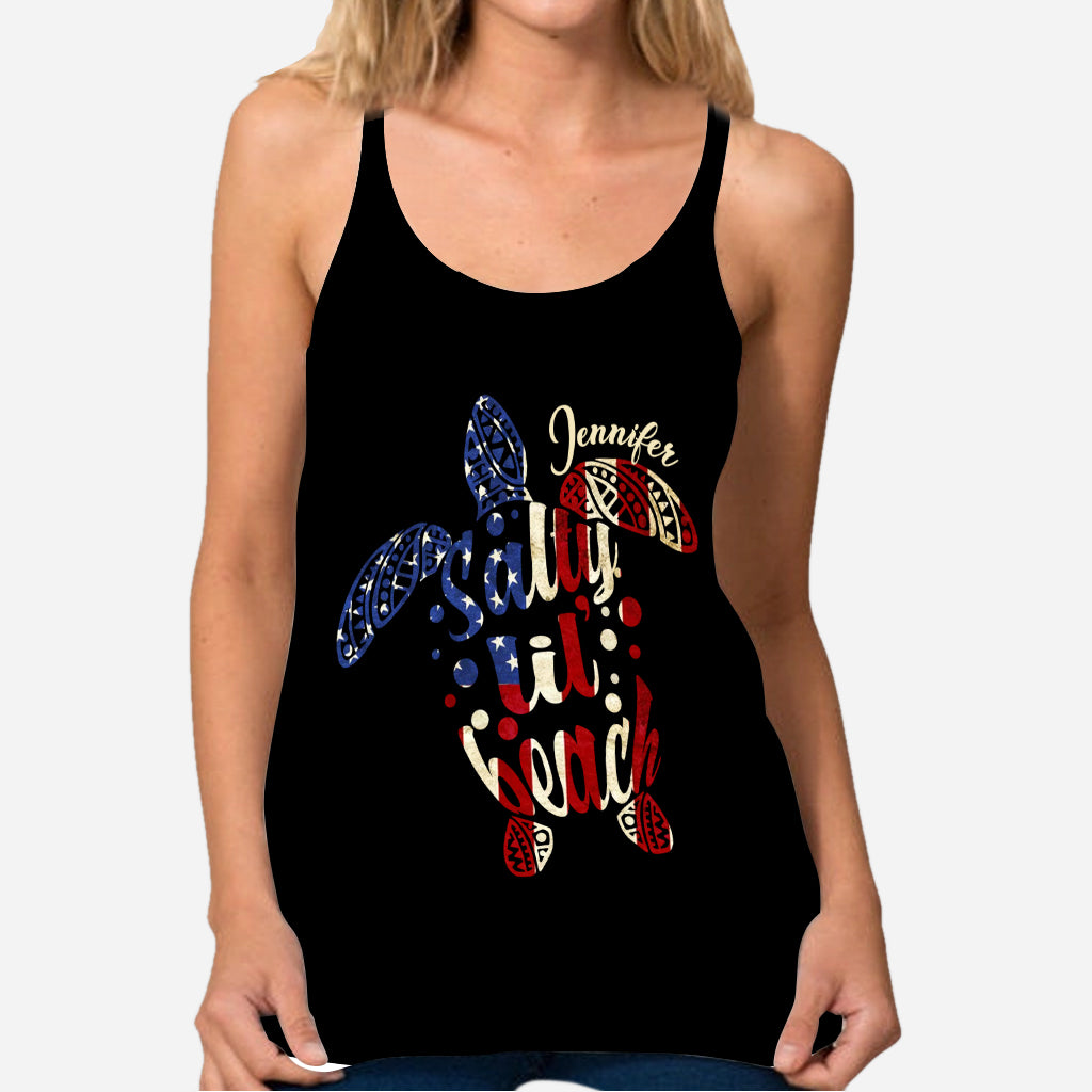 Salty Lil Beach 4th Of July Flag - Personalized Turtle Cross Tank Top