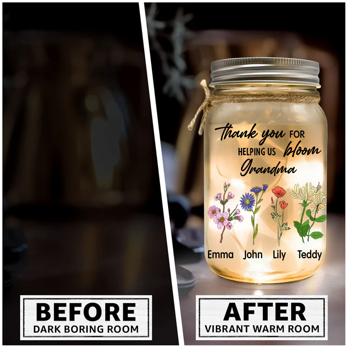 Thank You For Helping Us Bloom - Personalized Grandma Mason Jar Light