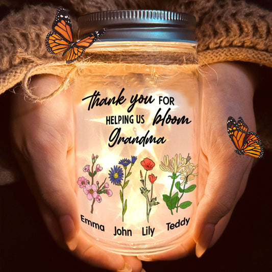 Thank You For Helping Us Bloom - Personalized Grandma Mason Jar Light