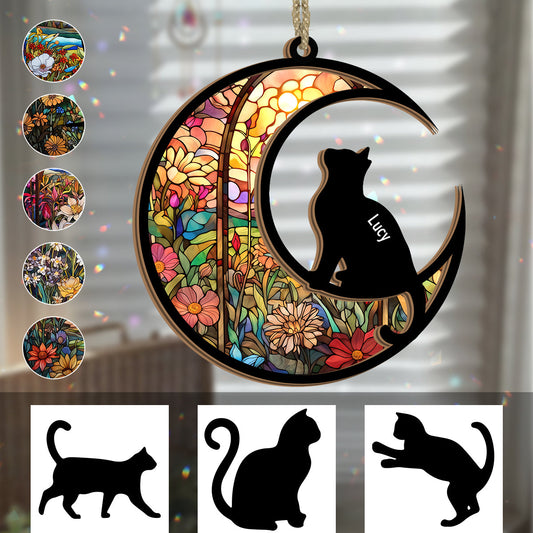 Stained Glass Pattern Cat Silhouette - Personalized Cat Suncatcher