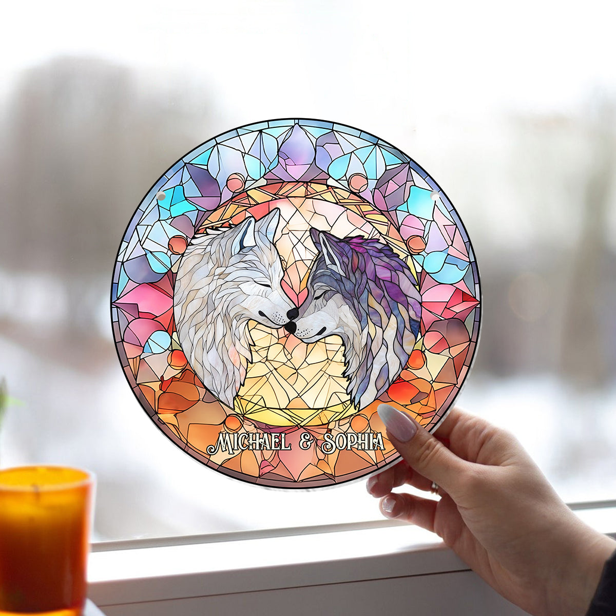 Soulmates Wolves - Personalized Wolf Window Hanging Suncatcher Ornament