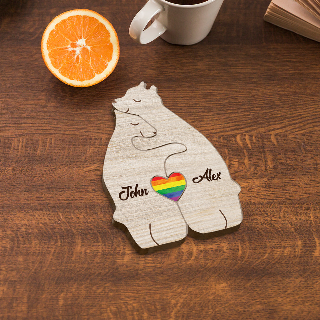 Love Wins Hugging Bears Custom Prid Flag - Personalized LGBT Support Shaped Wooden Puzzle