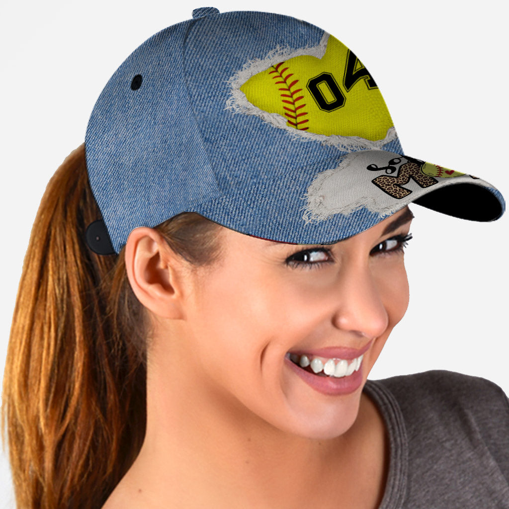 Softball Mom Number Custom Denim Pattern - Personalized Softball Classic Cap