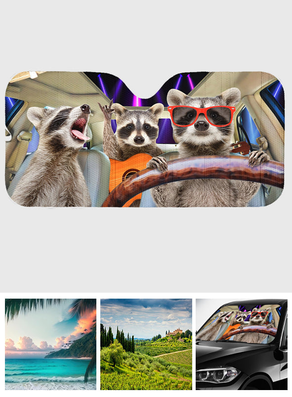 Three Funny Raccoons Animals Windshield - Personalized Raccoon Car Sunshade