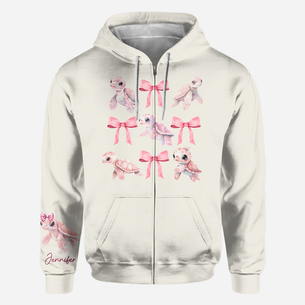 Pink Ribbon Coquette Bow Watercolor Turtle - Personalized Turtle All Over Shirt