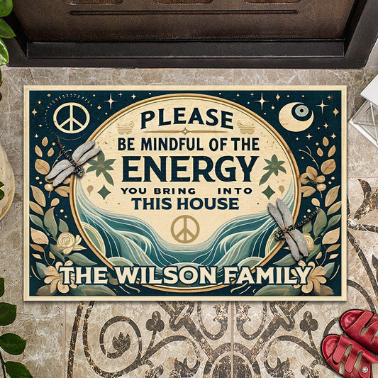 Please Be Mindful Of The Energy - Personalized Hippie Doormat