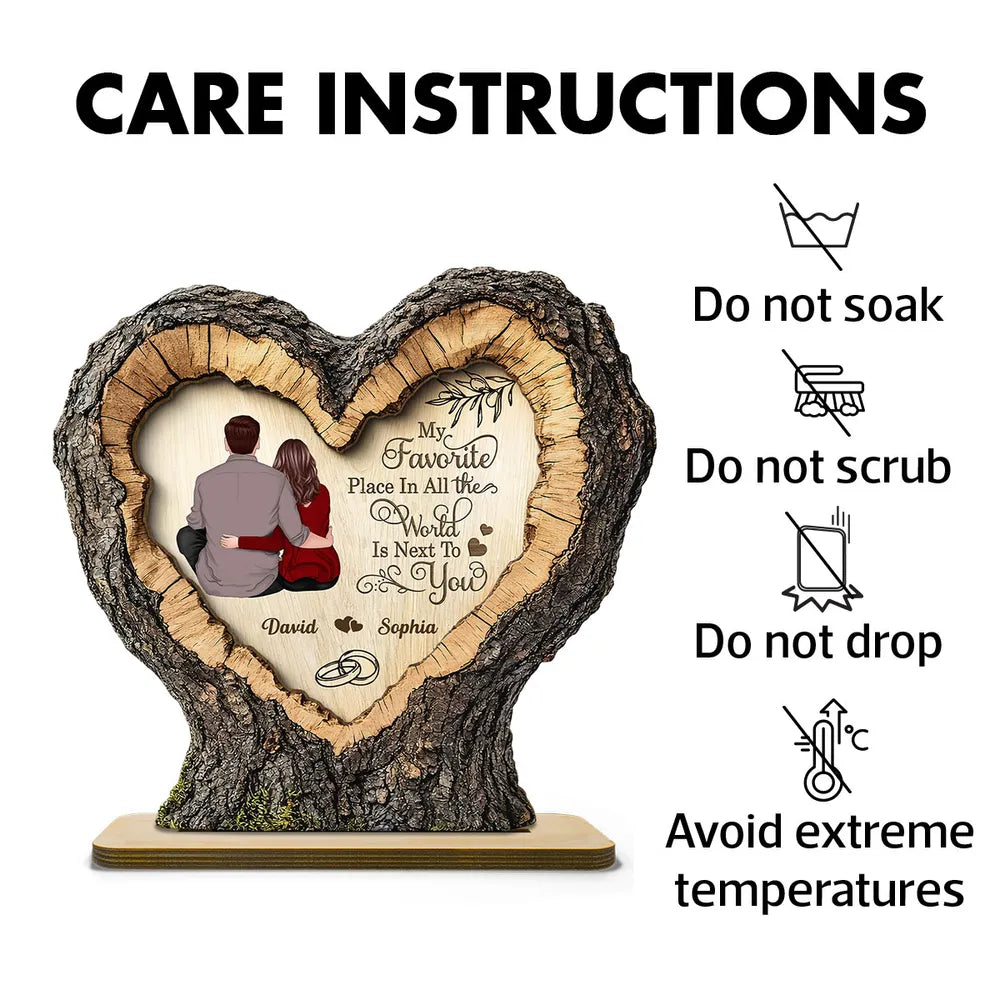 Personalized 2-Layer Wooden Plaque Heart Tree Ring Couple Hugging Unique Gift for Wife or Husband, My Favorite Place Is Next To You