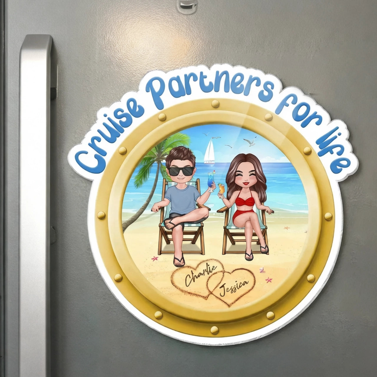 Personalized Acrylic Fridge Magnet Cruise Partners For Life Beach Couple Sitting Scene - Unique Couple Gift