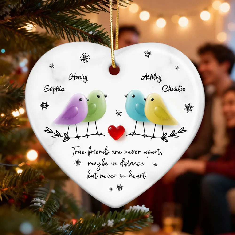 Ceramic Heart Ornament - Colorful Birds, Red Heart & Snowflakes - Unique Gift for Friends, Besties, Long-Distance Bond