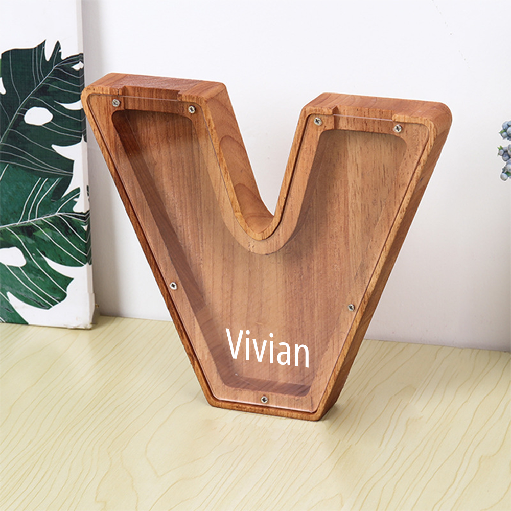 Custom Initial And Name - Personalized Letter And Name Brown Wooden Piggy Bank