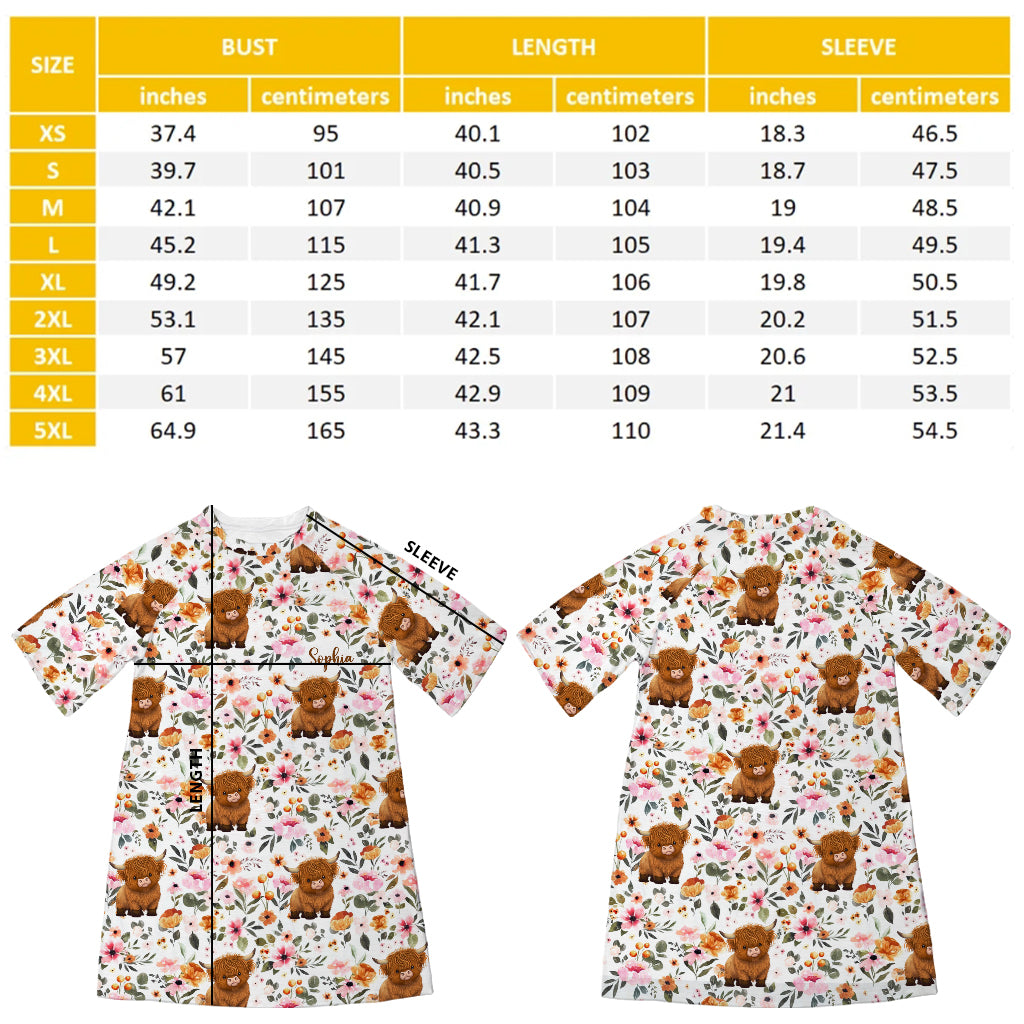 Floral Highland Cow - Personalized Highland Cow Sleep T-shirt Dress