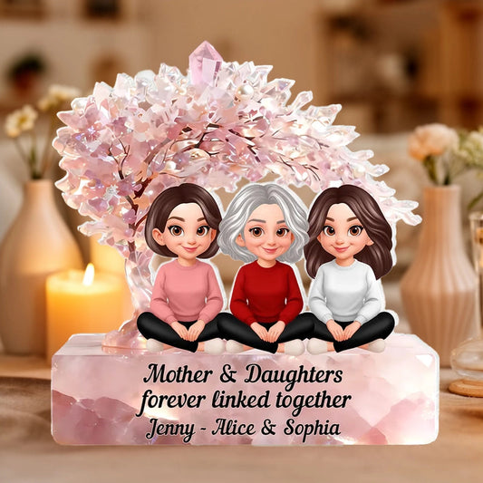 Personalized Shaped Acrylic Block Plaque, Mother & Daughters Under Pink Blossom Tree, Unique Gift for Mom