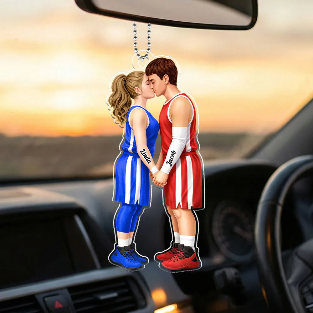 Acrylic Car Hanger with Kissing Basketball Couple, Personalized Cute Car Mirror Decor, Romantic Anniversary Gift