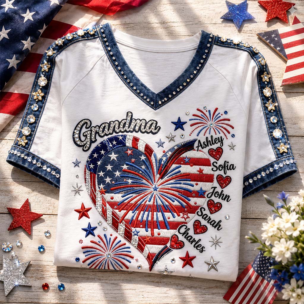July 4th Grandma Sweethearts Shirt - Personalized Grandma Fully Printed V-Neck T-Shirt