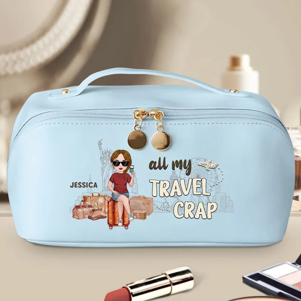 Personalized Leather Makeup Bag for Travel Lovers – Custom Cartoon Girl Design, Spacious Organizer, Unique Trendy Gift