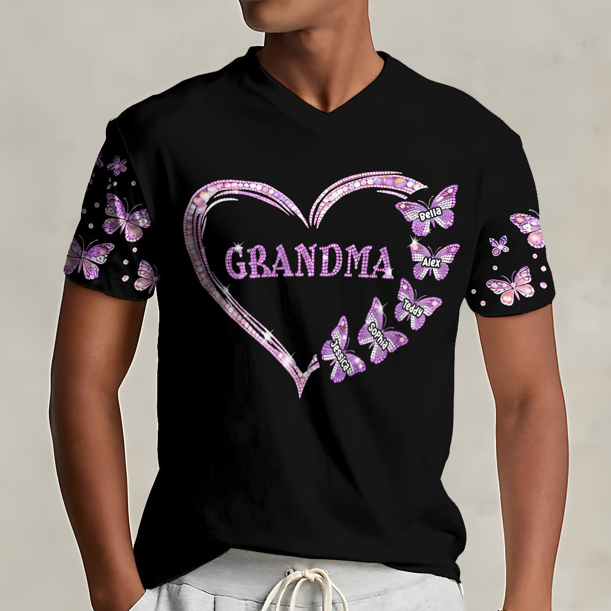 Custom Bling Shirt For Grandma/ Mother - Personalized Grandma Fully Printed V-Neck T-Shirt