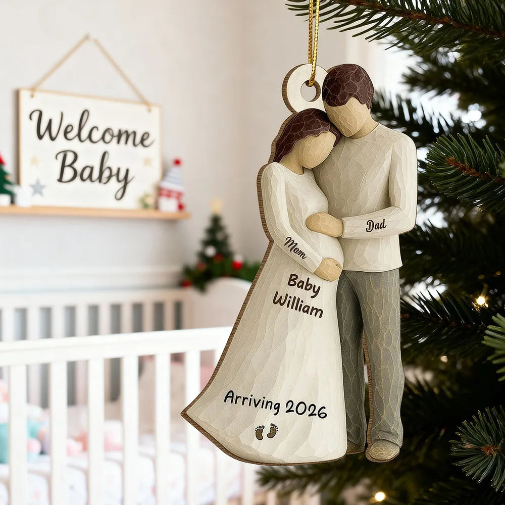Wooden Ornament Sweet Expecting Family Hug Design, Personalized Nursery Decor Keepsake, Unique Holiday Gift for Parents