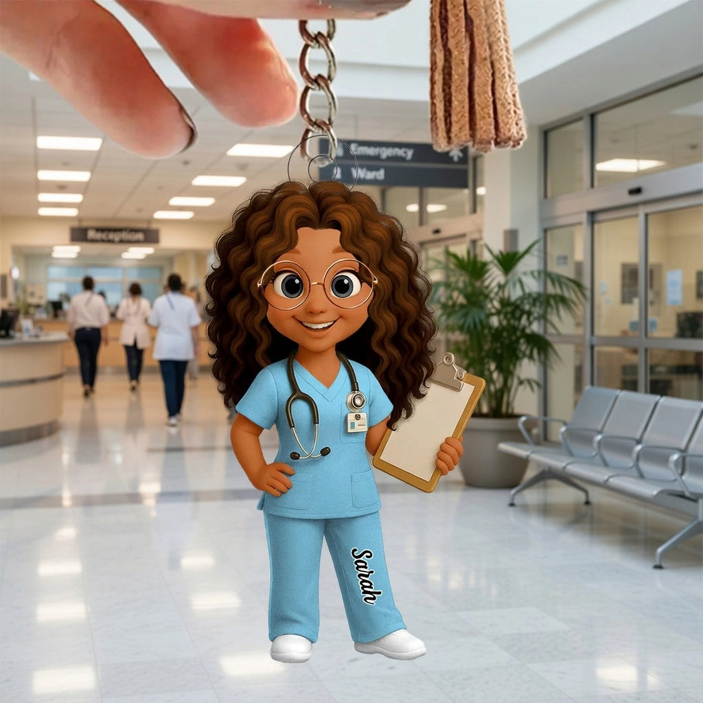 Personalized Nurse Cartoon Acrylic Keychain Cute Scrubs Clipboards Charm Unique Gift for Nurses Coworkers
