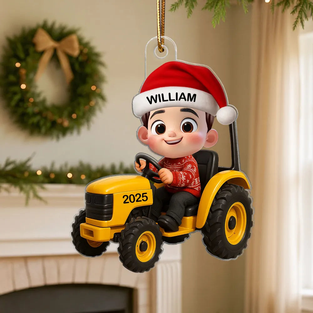 Cartoon Boy Tractor Acrylic Ornament with Christmas Cheer, Perfect Gift for Kids