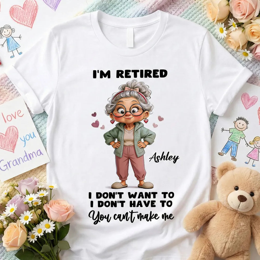 Personalized Classic Tee 'I'm Retired' Cute Cartoon Grandma Shirt, Funny Everyday Wear, Unique Retirement Gift for Mom or Grandma