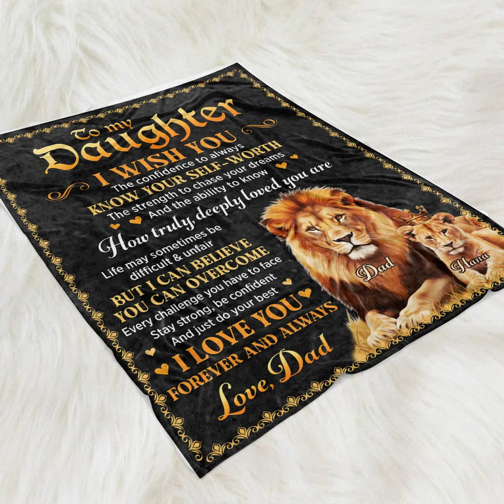 Fleece Blanket With To My Daughter Inspirational Quote and Lion Design, Personalized Unique Gift From Dad, Warm Decor