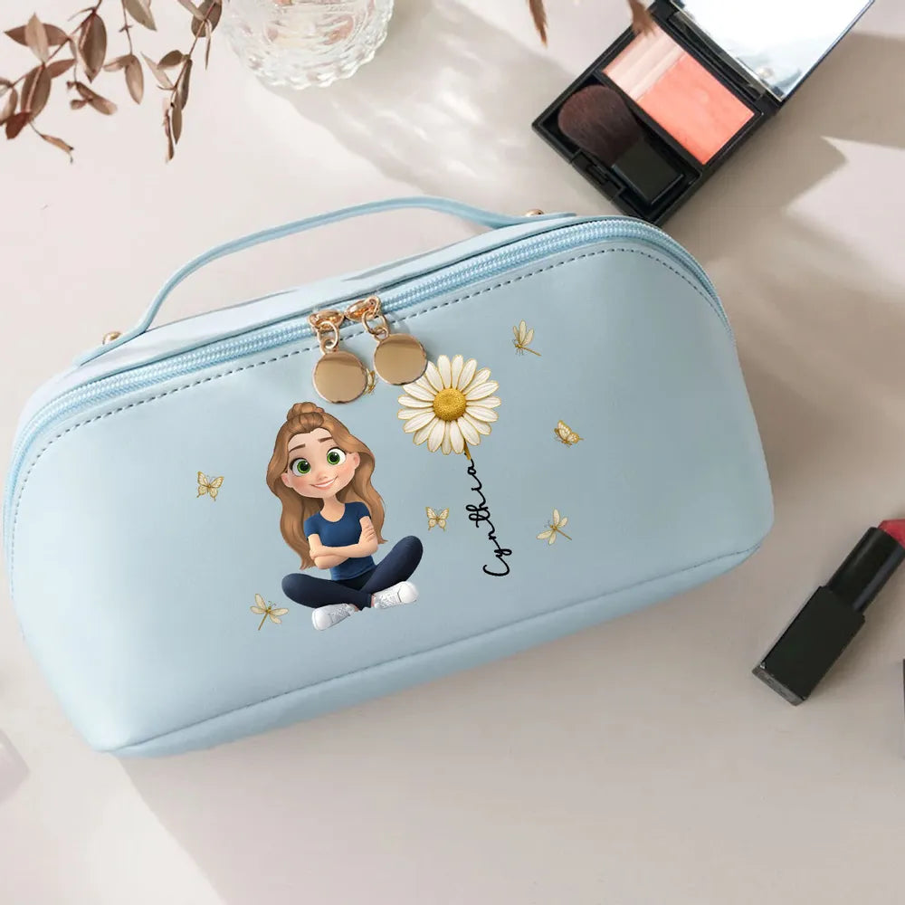 Leather Makeup Bag, custom floral art with a cross-legged cartoon girl; travel-ready, a creative gift for daughter or teen