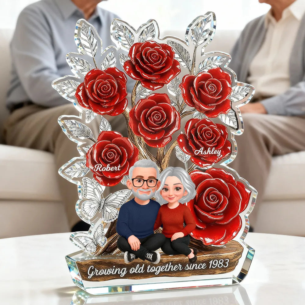Personalized Shaped Acrylic Block Plaque with Red Rose Tree Couple Sitting Together, Unique Romantic Gift