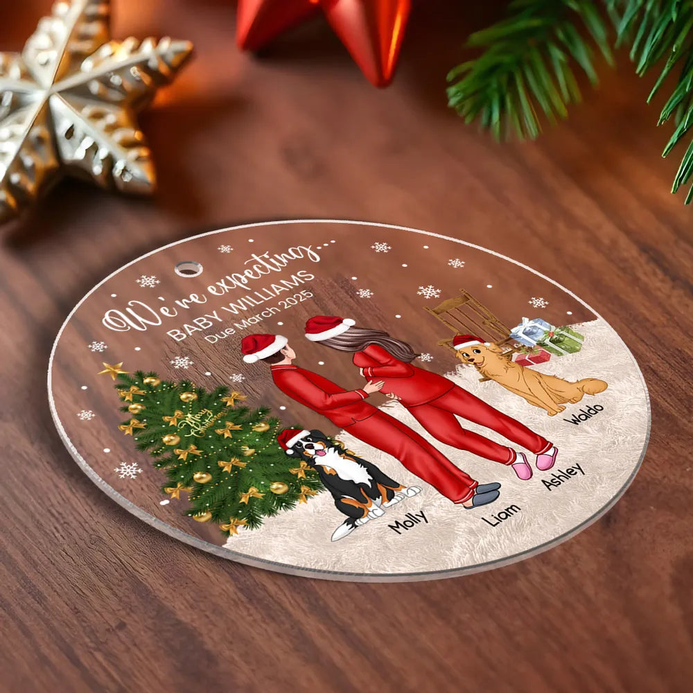 Acrylic Ornament, Expecting Couple by Christmas Tree, Cute Illustration, Unique Gift for Mom-to-Be & New Parents