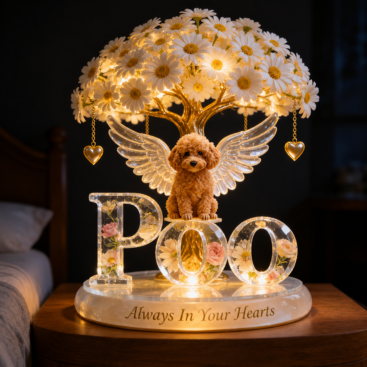 Custom Always In Our Hearts Angel Wings Figurine, Personalized Poodle Poodle Cross Memorial Tree Lamp Statue, Dog Loss Sympathy Night Light