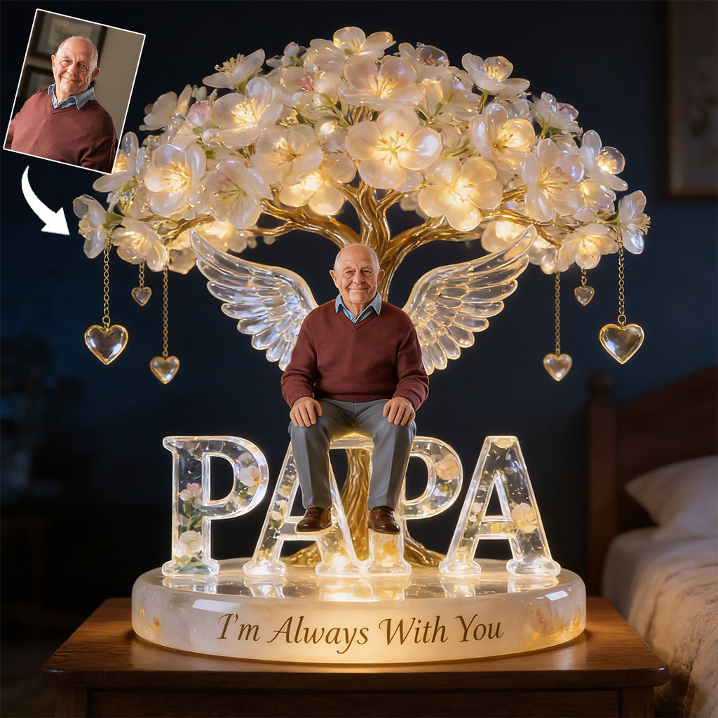Custom Black Grandma Always In Our Hearts Angel Wings Figurine, Personalized Memorial Tree Lamp Statue, Sympathy Remembrance Night Light Table Decor
